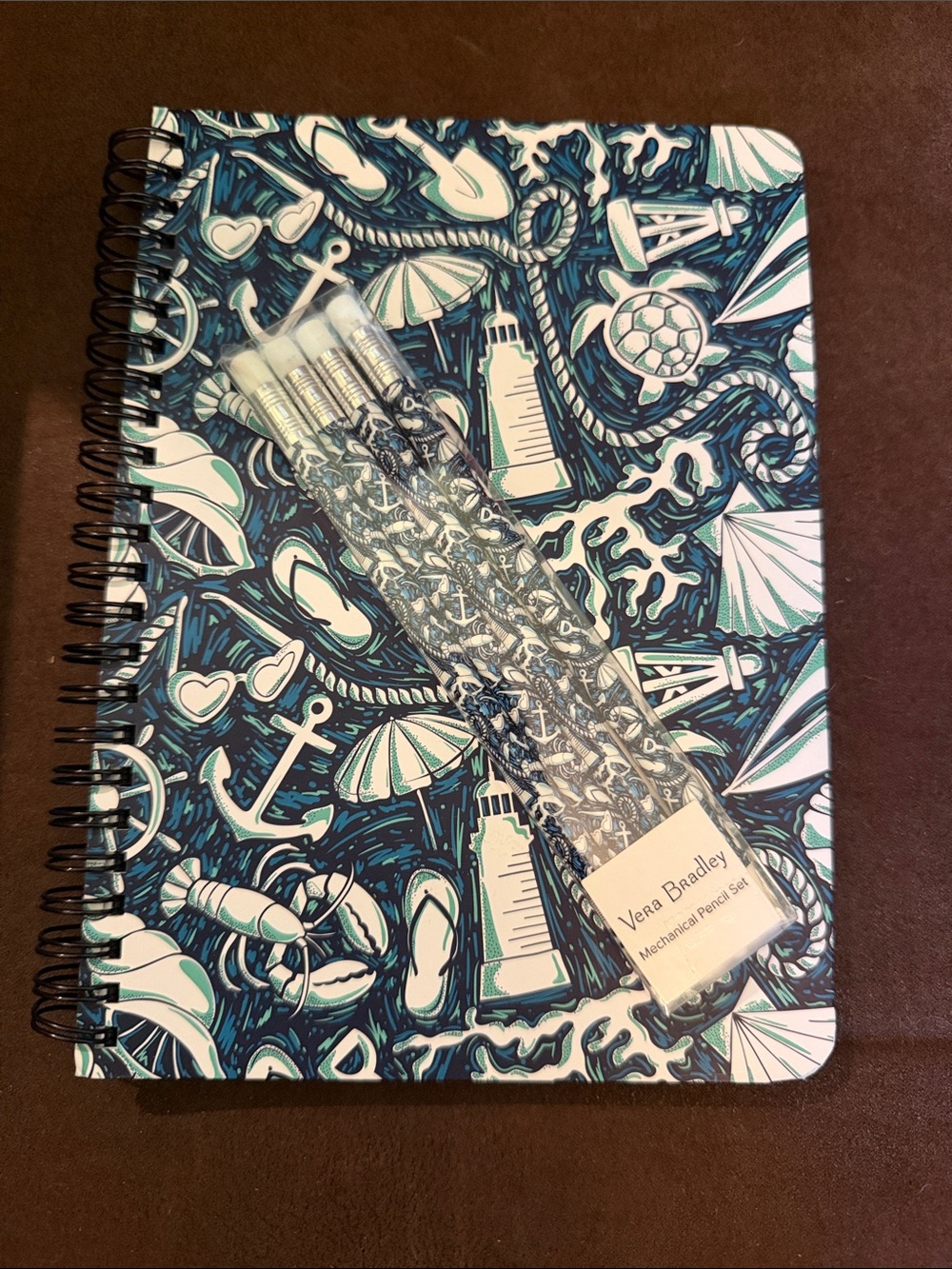 Vera Bradley Teal and White Nautical Spiral Notebook with Matching Pencil Set
